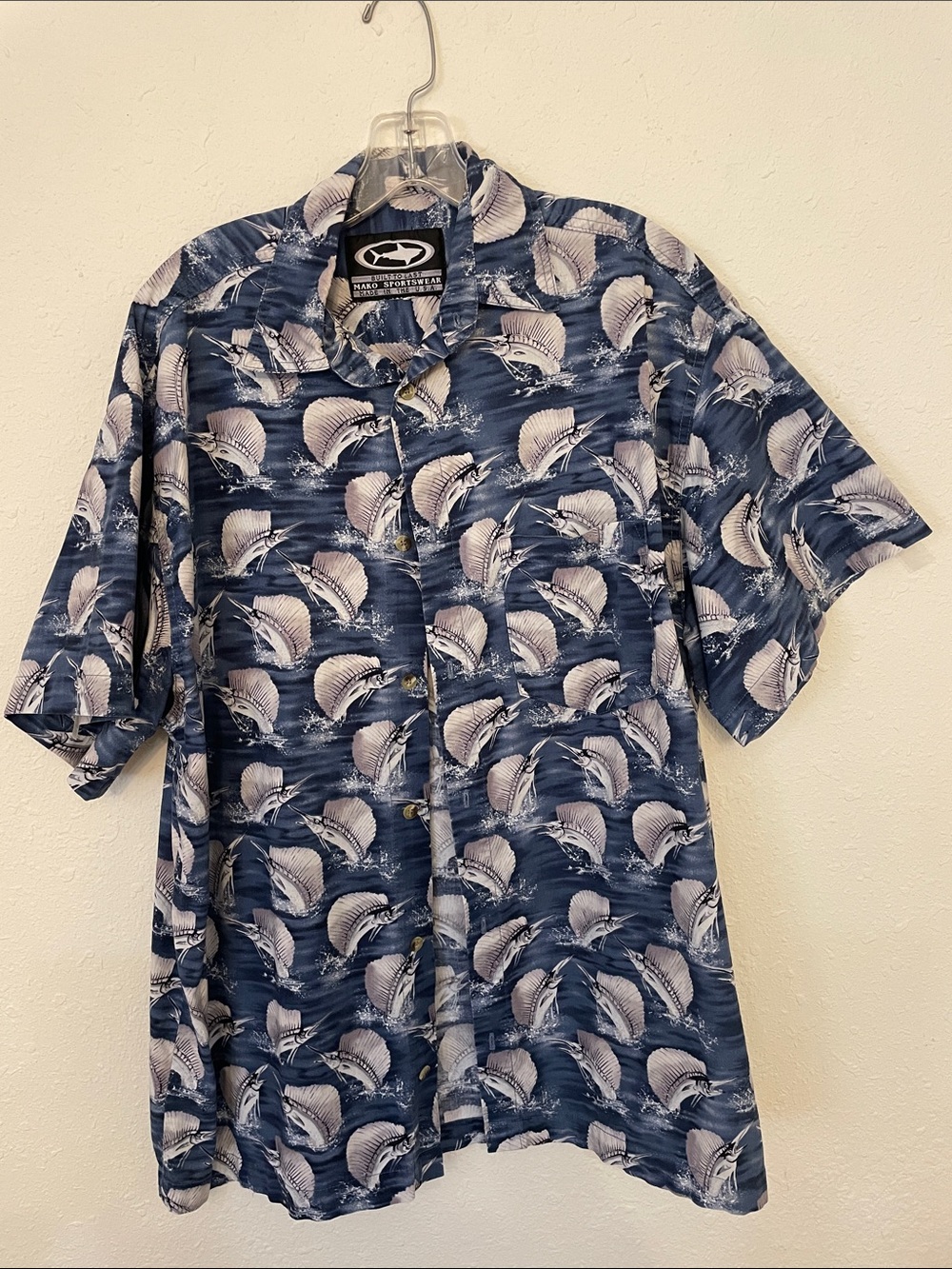 Blue Sailfish Print Short Sleeve Button-Down Shirt